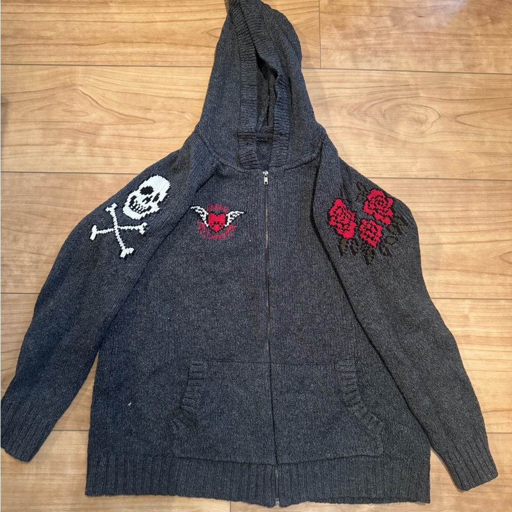 Torrid Gray zip up Hooded with Skull and Rose Design